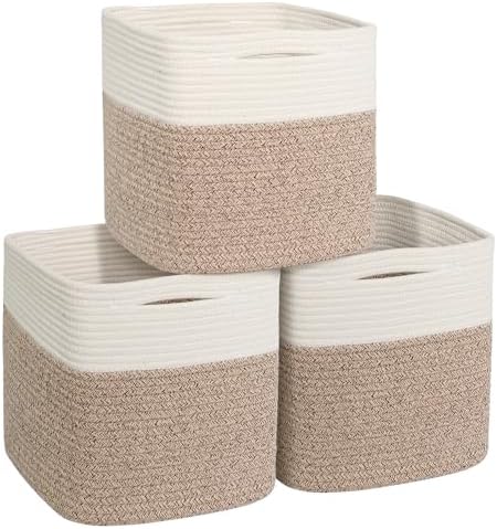 11x11 Cube Storage Bin - 3 Pack Woven Storage Cubes Organizer, 11 Inch Cotton Rope Baskets for Organizing, Square Baskets for Shelves, Baby Nursery Closet Bins, Cubby Toy Box Organizer by Unknown