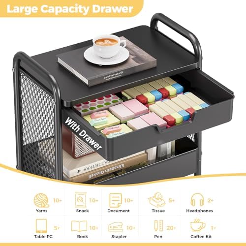 KINGBOARD 3 Tier Metal Rolling Cart with Drawer, Black Utility Storage Cart | 2 Cups & 4 Hooks, Lockable Wheels, Trolley Organizer for Bathroom, Kitchen, Office, Nursery, Dorm, Laundry, Craft Room - Image 3