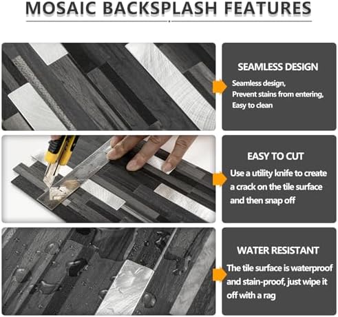 STICKGOO 20 Sheets Peel and Stick Backsplash Tile, Stick on Backsplash for Kitchen and Bathroom, Black Grey Wood Look PVC Mixed Metal Silver Self Adhesive Wall Tiles - Image 4