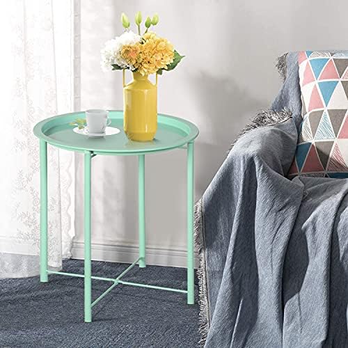 VECELO Side/End Table, Folding Round Metal Anti-Rust and Waterproof Outdoor or Indoor Tray for Living Room Bedroom Balcony and Office, 2 PCS, Light Green - Image 2