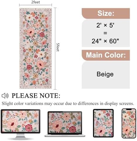 DUKINO 2x5 Runner Rug, Floral Washable Rug for Kitchen Non Slip, Beige - Image 2