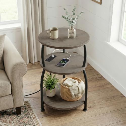Round Side Table with Power Outlet, USB Type C Port, 3-Tier End Table - Image 4