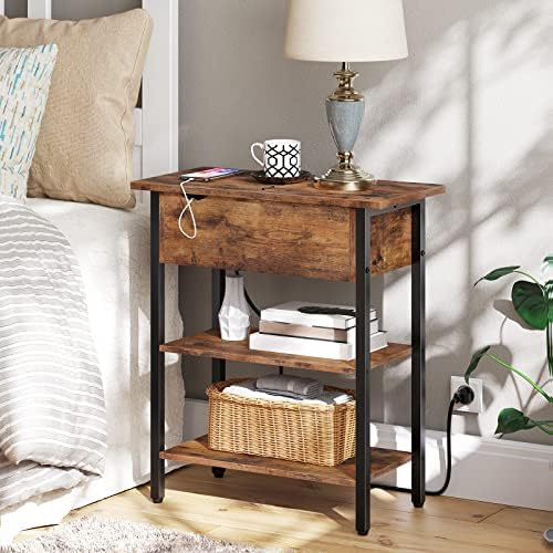 HOOBRO Set of 2 End Tables, Side Table with Charging Station, Flip Top Nightstand with USB Ports and Outlets, Bedside Tables with Shelf for Small Spaces, Living Room, Bedroom, Rustic Brown BF341BZP201 - Image 4
