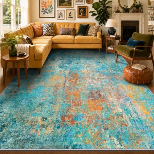 RELEANY Washable 8'x10' Abstract Area Rug for Living Room Teal Multi by RELEANY