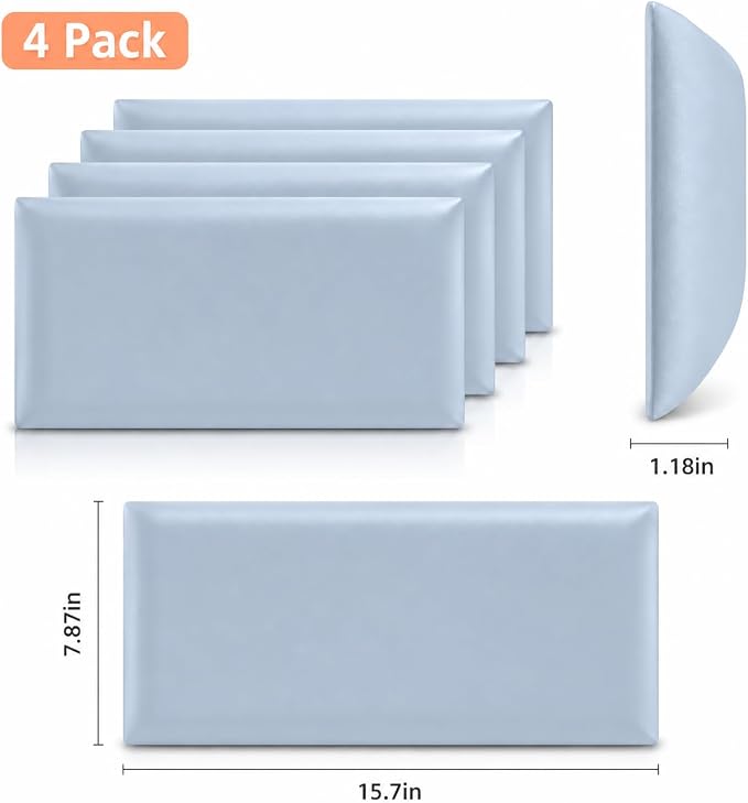 Anti Collision Wall Padding for Kids, Upholstered 3D Wall Panels | 4 Packs 7.8'' x 15.7'' Peel and Stick Headboard, Self Adhesive Wall Pads for Kids, Bedroom, Living Room, Blue (Smog) - Image 3