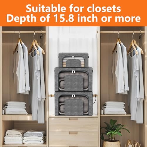 64L Large Stackable Storage Bins with Metal Frame (4 Pack), Foldable Fabric Clothes Organizer with 2 Clear Windows & Reinforced Handles, Dual-Opening Storage Containers for Closet, Underbed, Grey - Image 4