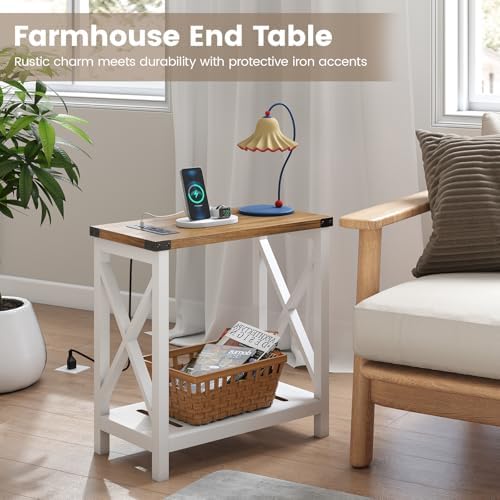 Hadulcet Farmhouse Side Table with Storage Shelf - Narrow End Table with Charging Station, Slim End Tables Living Room, Rustic X-Design Nightstand for Bedroom, Small Space, White & Brown - Image 3