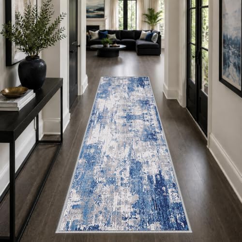 RELEANY Washable Runner 2'x8' Abstract Area Rug for Hallway Blue Gray by RELEANY
