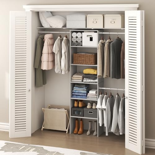 Furinno FANO Closet Organizers and Storage, 5-Tier Wide Closet Storage Organizer with 3 Hanging Bars and Adjustable Shelf, Wardrobe Closet Shelf Tower, 14.8 x 23.6 x 82.1 for Bedroom, White - Image 2