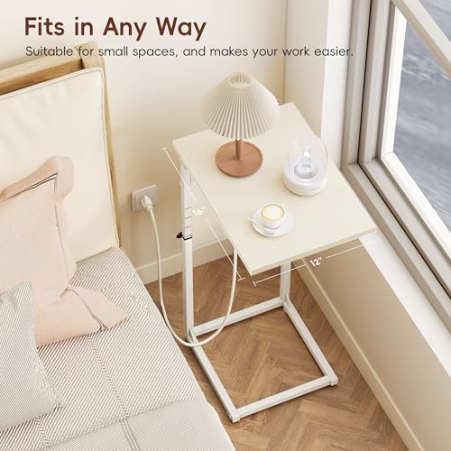 Vagusicc C Shaped End Table with Charging Station, Adjustable Height Side Table for Couch, Small Sofa Table C Table End Table, Slide Under Couch Table TV Tray Arm Table for Living Room, Bedroom, Cream - Image 5