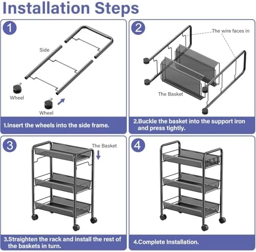 3 Tier Metal Rolling Storage Cart Movable, with Wheels, Hooks - Image 6