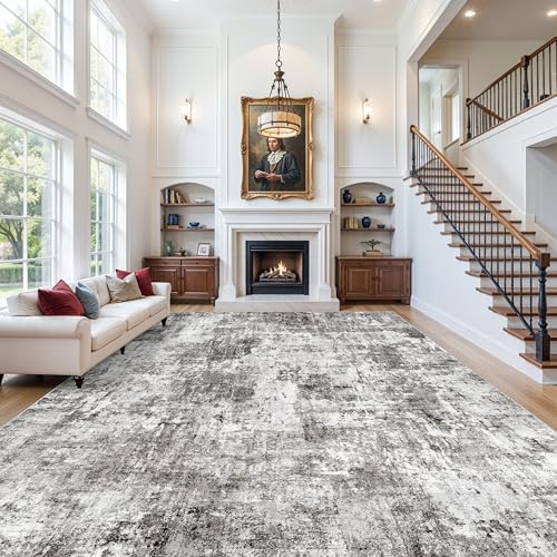 12x18 ft Extra Large Living Room Rug – Washable Modern Abstract Neutral Oversize Rugs for Bedroom,Dining Room,Family Room – Non-Slip Low-Pile Thin Stain-Resistant Carpet (Grey) by ZHXXUJ