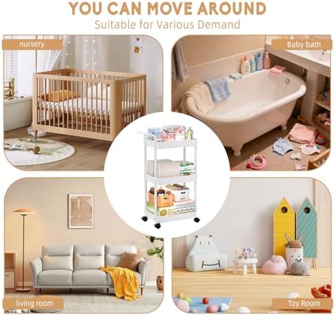 Volnamal Diaper Caddy, 3 Tier Rolling Cart for Baby Essentials, Off-White - Image 4