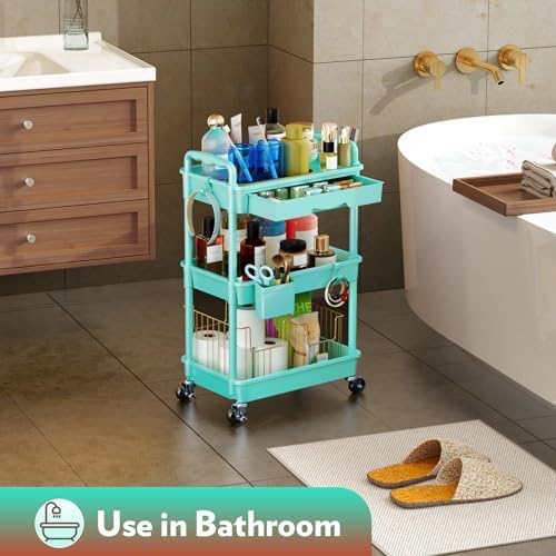 SUNALLY Makeup Cart Organizer with Drawer, 3 Tier Rolling Makeup Cart, Blue - Image 7