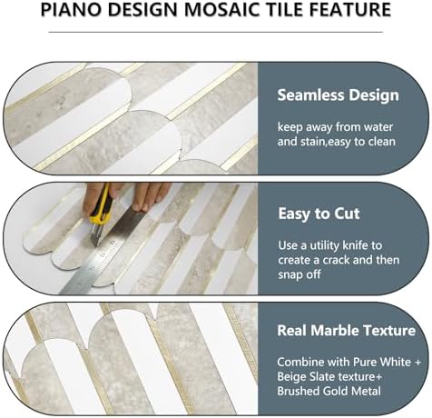 Vamos Tile Peel and Stick Backsplash Seamless Tile,1-Sheet Stick on Backsplash for Kitchen and Bathroom,White and Beige Slate PVC Mixed Metal Gold Self Adhesive Mosaic Tiles - Image 2
