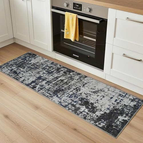 2x6 Washable Runner Rug Non Slip Runners for Hallway, Kitchen Soft Stain Resistant Floor Carpet with Rubber Backing Abstract Rugs for Entryway, Bedroom, Bathroom, Laundry Room, Dark Grey Blue - Image 2