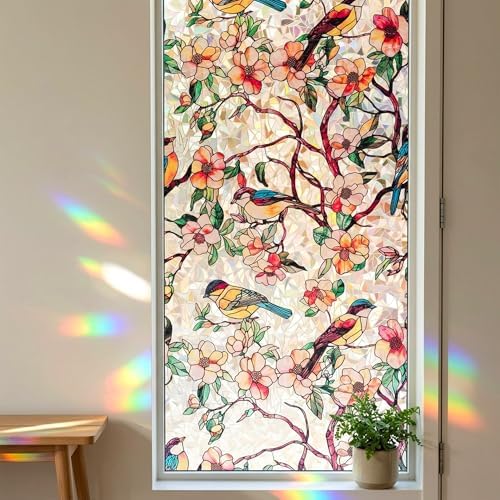 Flower Bird Stained Glass Window Film Privacy Anti UV 23.6x118in by BetterLifeinHouse