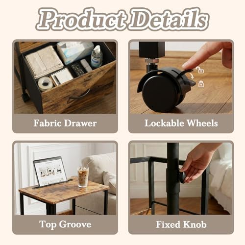 Faesun Swivel Lift Top Nightstand with Charging Station, Rolling Side Table for Recliner, Bedside Table with Wheels & a Fabric Drawer, for Small Spaces, for Bedroom, Living Room, Brown - Image 5