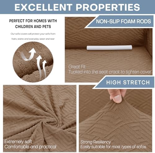 ZNSAYOTX 1 Piece Jacquard Couch Covers for 2 Cushion Couch High Stretch Loveseat Slipcover for Pets Dogs Anti Slip Love Seat Sofa Slipcover Furniture Protector (Medium,New Pattern Light Coffee) - Image 4