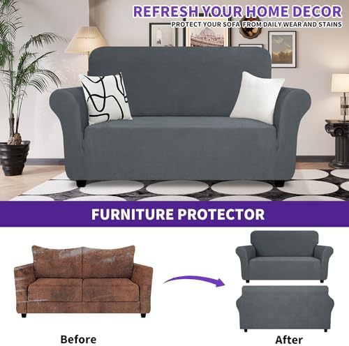 ZNSAYOTX Super Stretch Loveseat Covers (57"-70"), New Striped Love Seat Slipcover, Dogs Pet Friendly Anti-Slip Couch Protector Spandex Durable 2 Seater Fabric Sofa Cover (Dark Grey, Loveseat) - Image 2