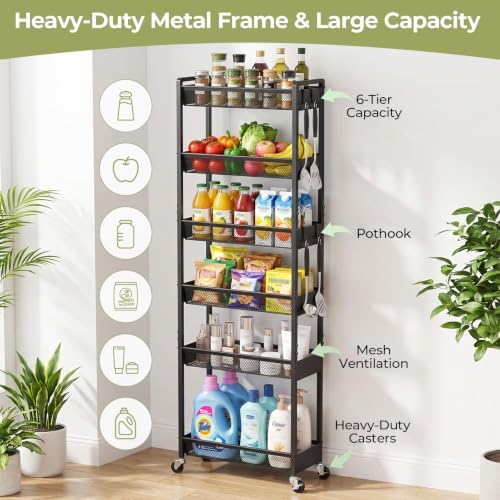Delamu 6 Tier Slim Storage Rolling Cart, Utility Metal Narrow Cart 7.1" W - Image 4