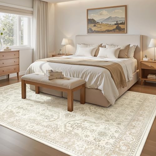 Soalmost 5x8 Area Rug Low Pile Washable Trendy Faded Style Rug, Beige/Brown - Image 4