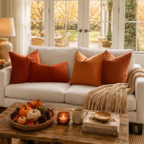 MIULEE Velvet Fall Throw Pillow Covers 14x14 Inch Pack of 2 Burnt Orange - Image 3