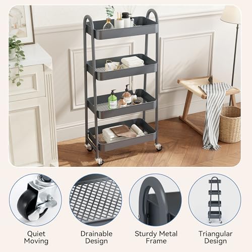 NEWBULIG 4-Tier Metal Rolling Storage Utility Cart with Lockable Wheels - Image 2