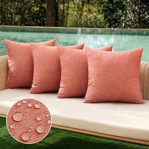 MIULEE Pack of 4 Decorative Outdoor Throw Pillow Covers Linen Waterproof Pillow Covers Summer Farmhouse Cushion Cases for Patio Garden Tent Balcony Couch Sofa 18x18 Inch Coral Red by MIULEE