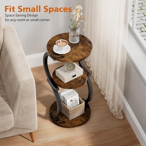 Small Side Table, 3-Tier Round End Table for Small Spaces, Rustic Brown - Image 4