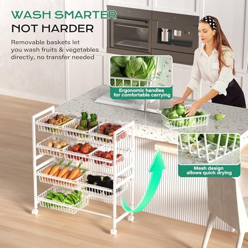 Cinati 4-Tier Snack Cart with Wheels, 29''W Toy Storage Organizer, Rolling Pantry Storage Cart with 10 Wire Baskets & Handle,Adjustable Metal Snack Rack, Kitchen Organizer for Fruit, Vegetables(White) - Image 5