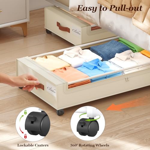 Yecaye 70 L Under Bed Storage with Wheels, 3 Pack Larger Capacity Under Bed Storage Containers, Underbed Shoe Storage Organizer, Rolling Under Bed Metal Drawers for Clothes, Blankets, Beige - Image 4