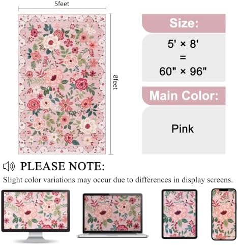 DUKINO 5x8 Area Rug for Bedroom, Soft Floral Washable Rug Non Slip, Pink - Image 2