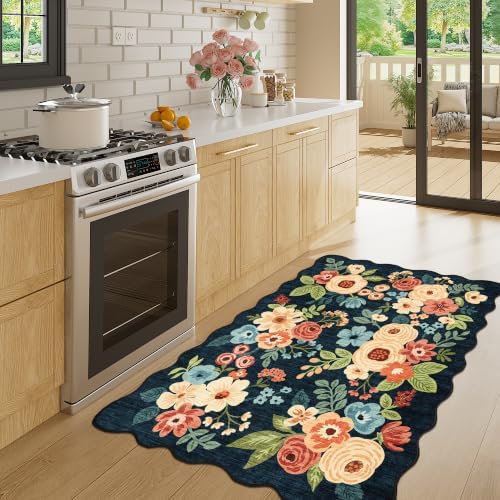 DUKINO 3x4 Rug, Non Slip Floral Washable Area Rug for Entryway, Navy Blue by DUKINO