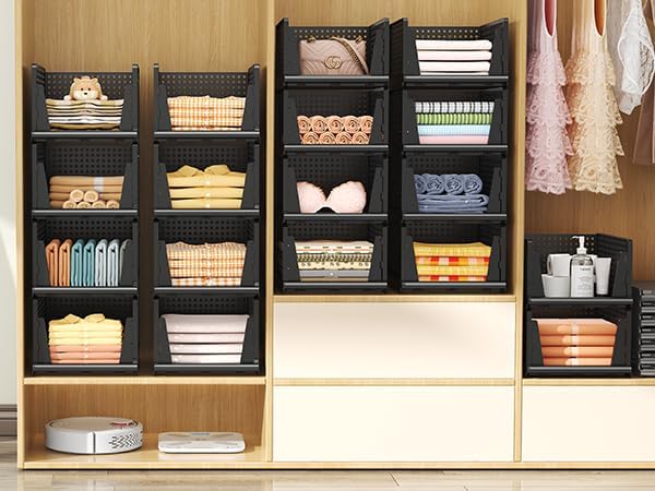 Folding Closet Organizer and Storage for Shelves, 5 Pack Stackable Plastic Storage Basket for Closet, Top Bottom of Closet Organizer, Drawers Organizer for RV, Camper, Pants, Clothes, Office - Image 3