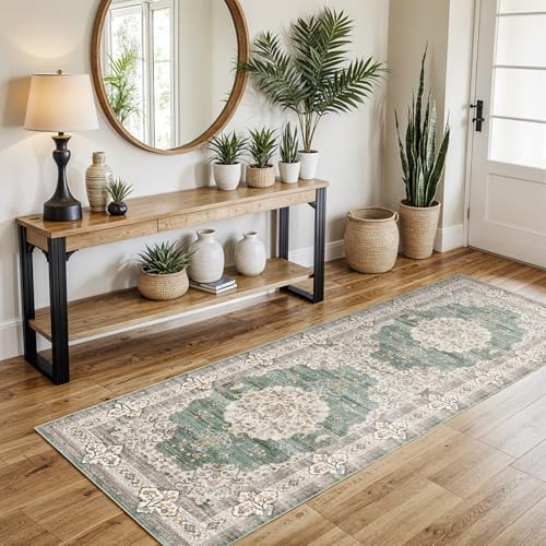 2x5 Runner Rug Washable Vintage: Non Slip Long Kitchen Runners Green/Beige - Image 2