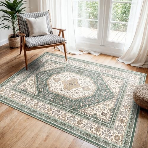 3x4 Washable Entryway Area Rug - Non-Slip Vintage Throw Rugs Green Beige - Image 2