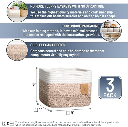 NaturalCozy Storage Cubes 9”x9”x7”Cotton Rope Woven Baskets for Organizing 3-Pack | 9 Inch Cube Storage Bin | Small Basket for Shelf Nursery, Pantry, Decorative Plant, Bathroom Closet, Toy Gift - Image 2