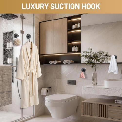 Suction Cup Hooks for Shower No-Drill Bathroom Hooks for Towels, Robes, Loofah Mountable on Bathroom Walls, Kitchen, Glass, Mirrors, Tile and Smooth,Non-Porous Surfaces (4, Matte Black) - Image 5