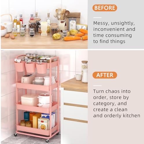 JIUYOTREE 4-Tier Plastic Rolling Storage Cart Utility Cart with Extra Hanging Cups Handles Lockable Wheels for Living Room Bathroom Kitchen Office Pink - Image 5