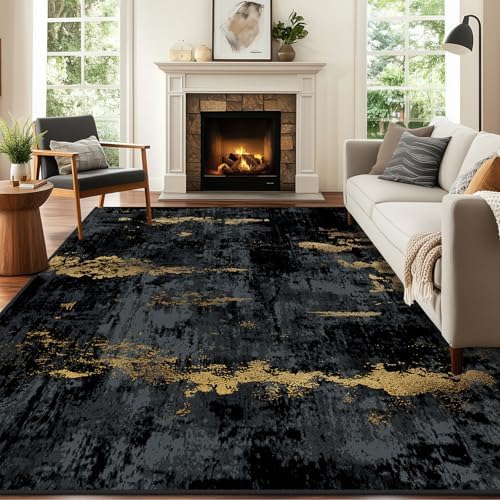 RELEANY Washable 7'x9' Abstract Area Rug for Living Room Black Gold - Image 4