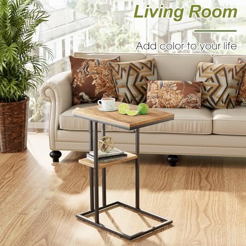 C Shaped End Table, Small Side Table for Couch and Bed, Wood Snack Table with Metal Frame for TV Tray, Sofa, Living Room, Bedroom, Bedside (Oak) - Image 3