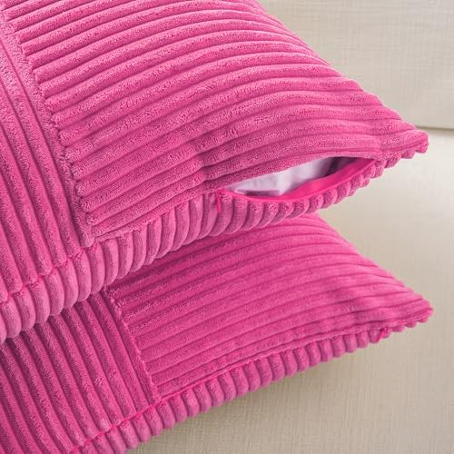 Fancy Homi 2 Packs Hot Pink Decorative Throw Pillow Covers 22x22 Inch for Living Room Couch Bed, Rustic Farmhouse Boho Home Decor, Soft Corss Corduroy Patchwork Accent Square Cushion Case 55x55 cm - Image 4