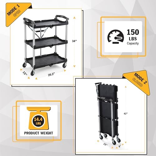 Olympia Tools 85-188 Pack-N-Roll Folding Collapsible Service Cart, 150LB Capacity, Black - Image 3
