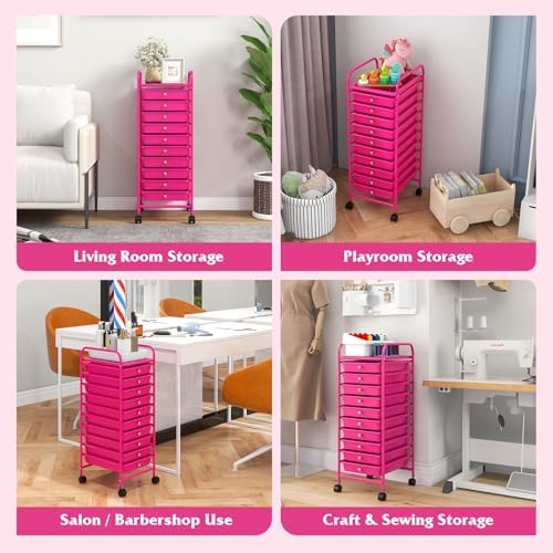 10-Drawer Rolling Storage Cart, Trolley w/Lockable 360° Wheels, 10 Removable PP Drawers, Sturdy Metal Frame, Rolling Utility Cart Perfect for Home, Office, Classroom (Hot Pink) - Image 6