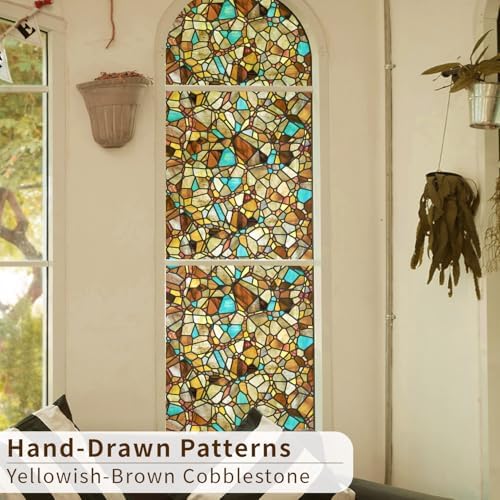 funlife Original Hand-Drawn Privacy Stained Glass Window Film, Single Sided Static Cling Window Cling Suitable for Entryway, Reusable Glass Door Decor, Yellowish-Brown Cobblestones, 16.93"x118" - Image 5