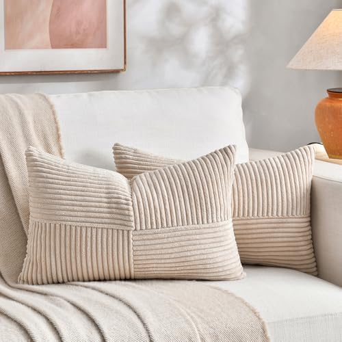 Fancy Homi 2 Packs Tan Lumbar Decorative Throw Pillow Covers 16x32 Inch for Living Room Couch Bed Sofa, Boho Home Decor, Soft Striped Corduroy Rectangle Accent Beige Cushion Case 40x80 cm by Fancy+Homi