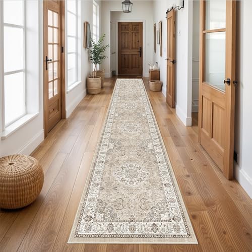 Hallway Washable Runner Rug - 2'6x14 Kitchen Rugs Entryway Rug Runner Vintage Soft Floor Mat Non Slip Indoor Farmhouse Carpet for Bathroom Living Room Bedroom (2'6''x14', Beige) - Image 4