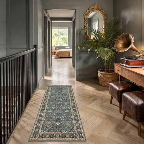 2x5 Washable Entryway Runner Rug, Vintage Kitchen Non Slip Green by Winslssol