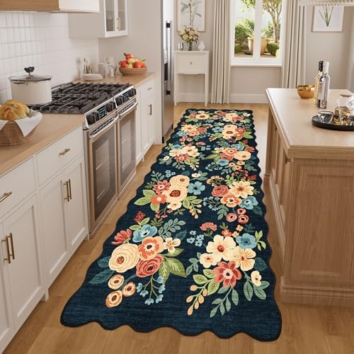 DUKINO 3x8 Kitchen Runner Rug, Floral Washable Rug for Hallway, Navy Blue - Image 5